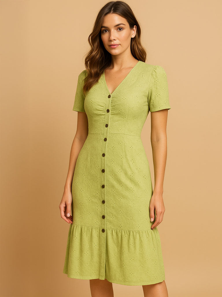 Lila | Short-Sleeve Button-Front Midi Dress